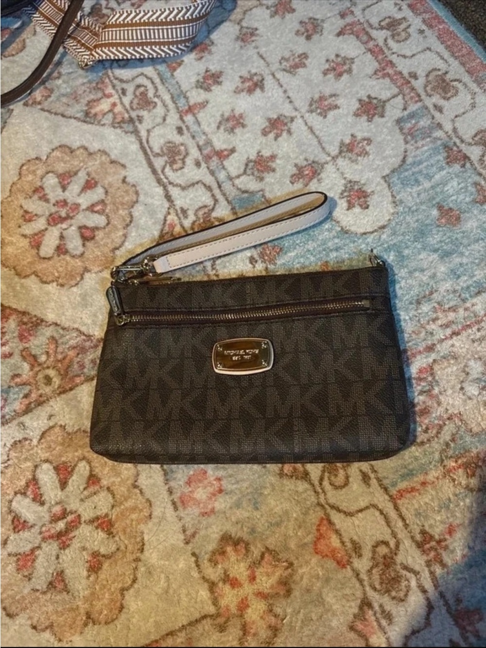 Michael Kors Dark Brown MK Logo Wristlet with Beige Strap